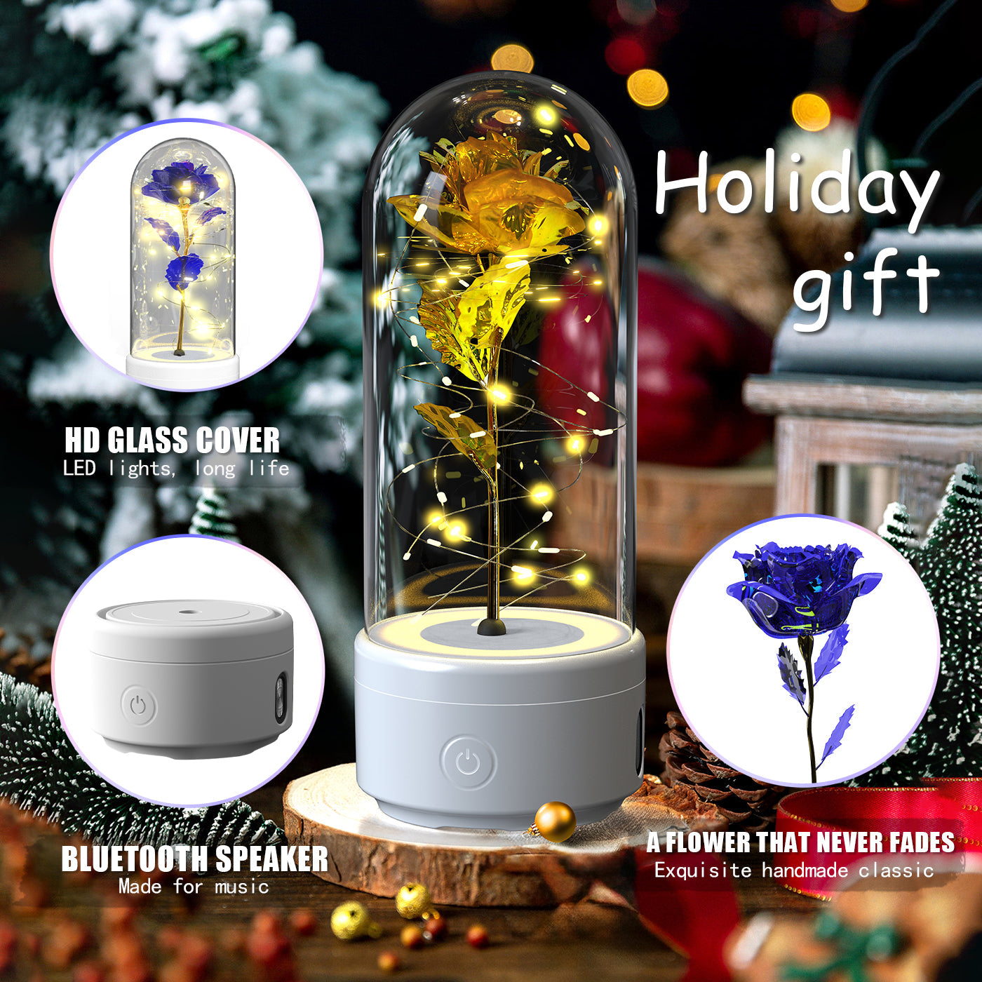 Creative 2 In 1 Rose Flowers LED Light And Bluetooth-compatible Speaker Valentine's Day Gift Rose Luminous Night Light Ornament In Glass Cover ferrersa