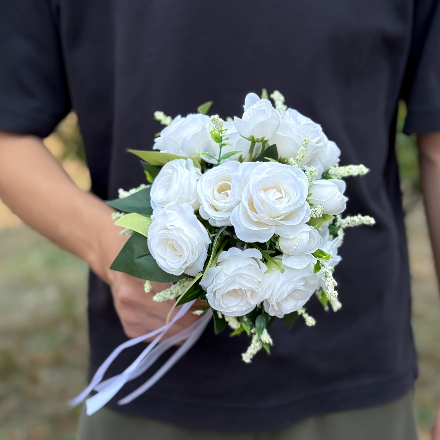 One Elegant Fake Rose Bouquet for The Bride Or Bridesmaid, Measuring 9.8 by 8.6 Inches, Featuring Simulated Roses with Green Foliage And Ribbon Decoration, Ideal for Weddings, Engagements, Parties, And As a Gift for Anniversa ferrersa