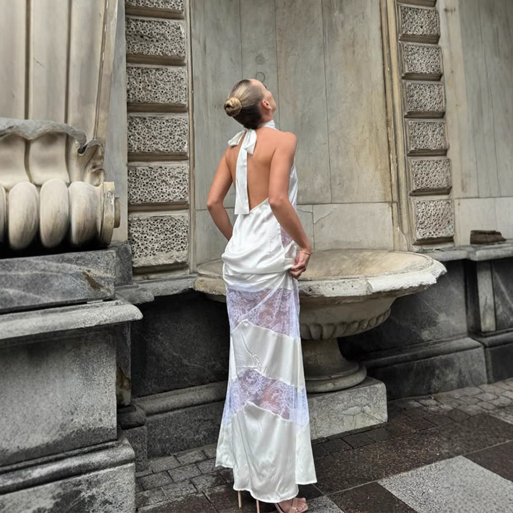 Sexy V-neck Lace Spliced Ribbon Backless Halter Dress ferrersa