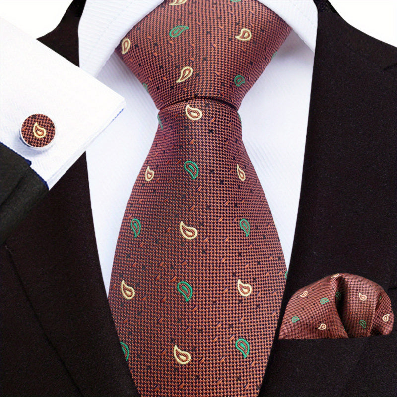 Men's Tie3pcs Business Set: 3.15inch Hand-made Tie for Men, Tie, Cufflinks, Pocket Square. Business Set Suitable for Parties, Dates, Weddings, Suit Accessories, and Gifts. ferrersa