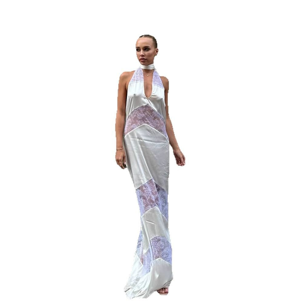 Sexy V-neck Lace Spliced Ribbon Backless Halter Dress ferrersa