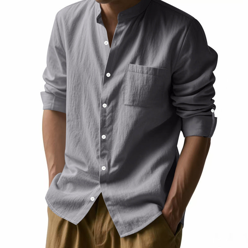 Long Sleeve Stand Collar Shirt With Pockets Casual Men's Clothing ferrersa
