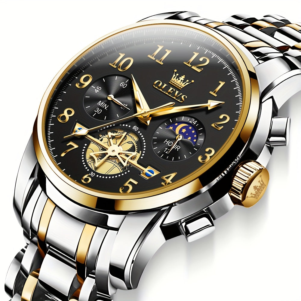 Black Stainless Steel Men's Watch - OLEVS Dress Classic Business Luxury Big Face with Calendar, Luminous Easy to Read Wrist Watch ferrersa