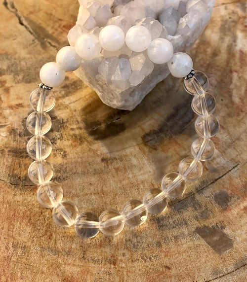 Rainbow Moonstone & Crystal Quartz Stretch Bracelet! Genuine Crystals! ferrersa