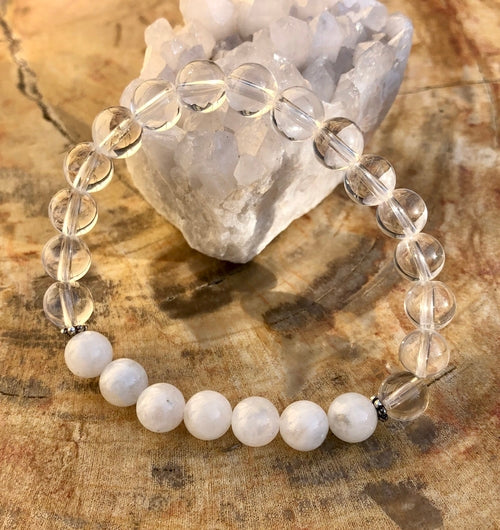 Rainbow Moonstone & Crystal Quartz Stretch Bracelet! Genuine Crystals! ferrersa