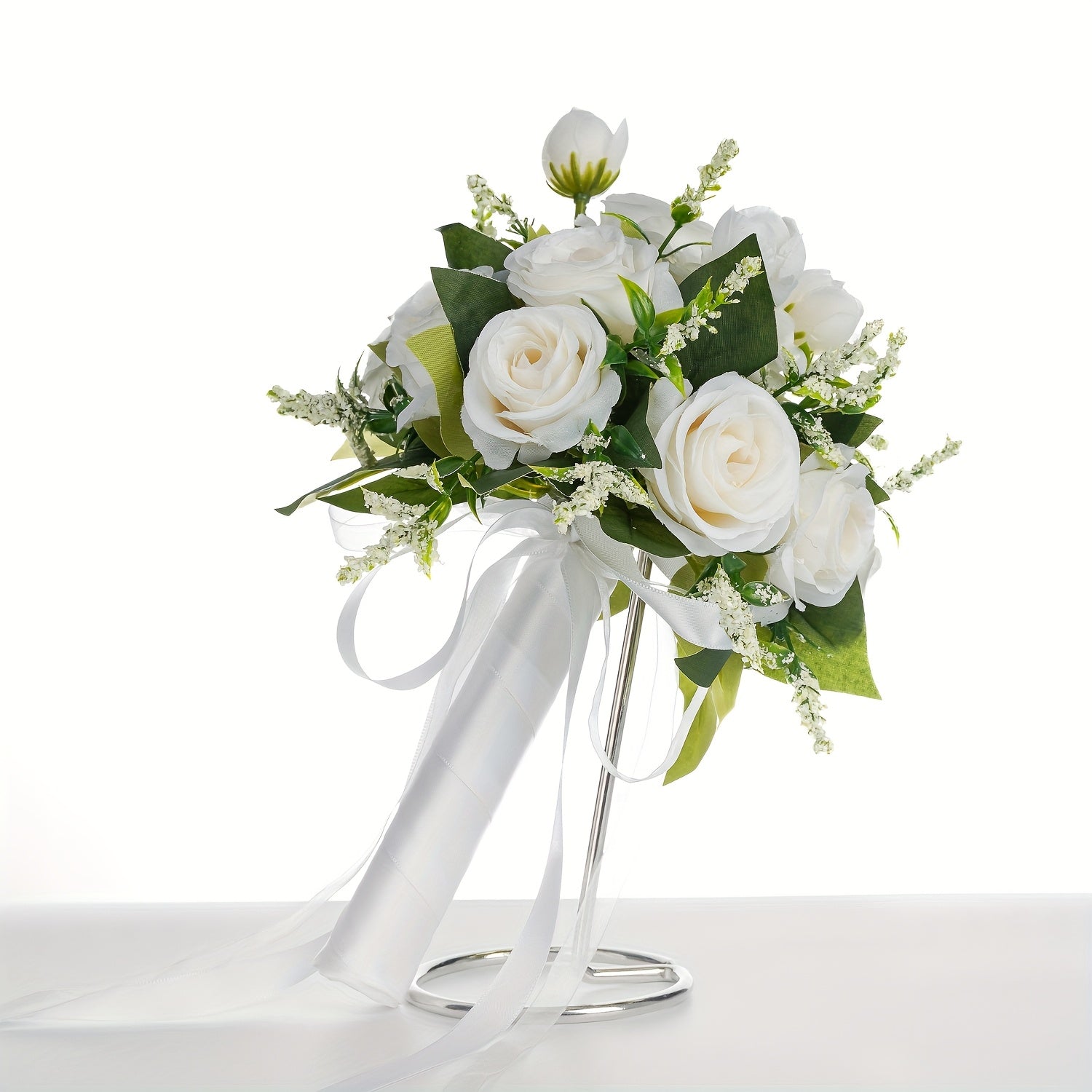 One Elegant Fake Rose Bouquet for The Bride Or Bridesmaid, Measuring 9.8 by 8.6 Inches, Featuring Simulated Roses with Green Foliage And Ribbon Decoration, Ideal for Weddings, Engagements, Parties, And As a Gift for Anniversa ferrersa