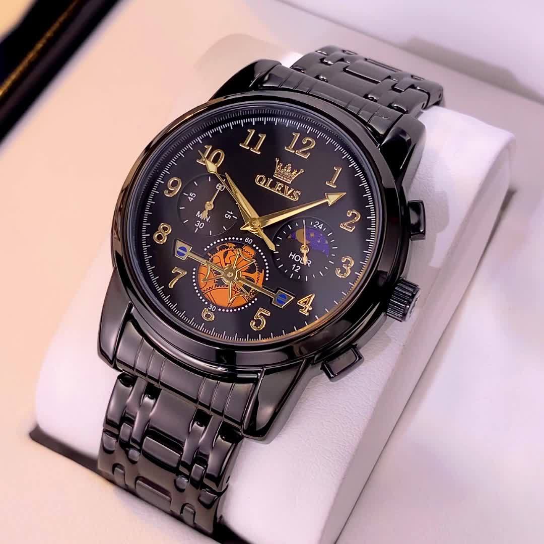 Black Stainless Steel Men's Watch - OLEVS Dress Classic Business Luxury Big Face with Calendar, Luminous Easy to Read Wrist Watch ferrersa