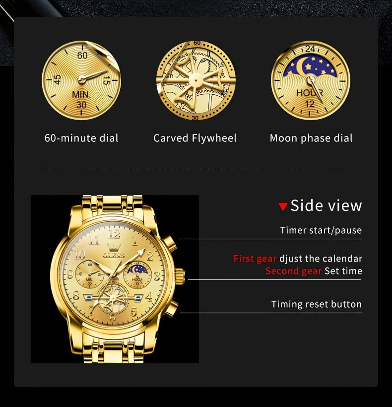 Black Stainless Steel Men's Watch - OLEVS Dress Classic Business Luxury Big Face with Calendar, Luminous Easy to Read Wrist Watch ferrersa