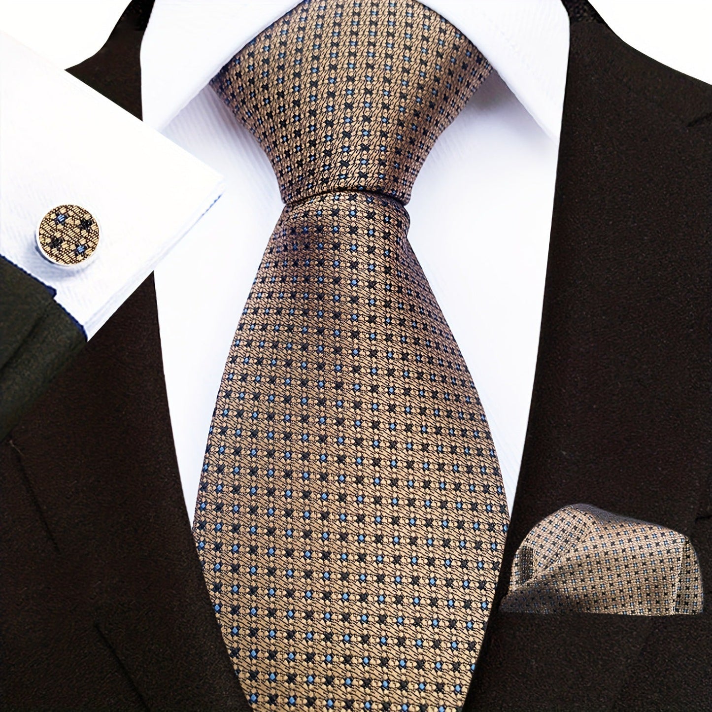 Men's Tie3pcs Business Set: 3.15inch Hand-made Tie for Men, Tie, Cufflinks, Pocket Square. Business Set Suitable for Parties, Dates, Weddings, Suit Accessories, and Gifts. ferrersa