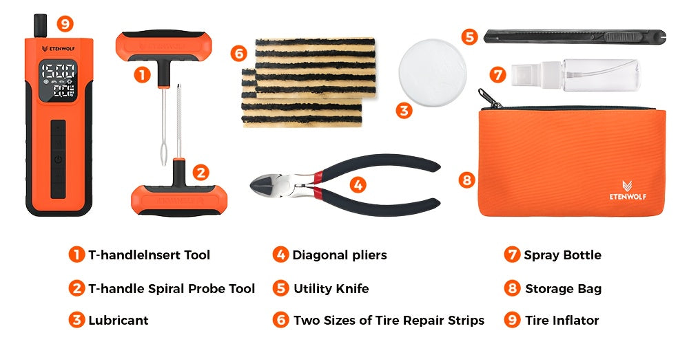 ETENWOLF C2 Combo Tire Repair Kit Wireless Tire Inflator For Cars, 4000mAh Battery Air Pump, Fast Car Tire Pump For Motorcycles, Bikes, Balls, LED Light For Emergency. Set Includes: Diagonal Pliers, A Tire Inflator, Lubricant ferrersa