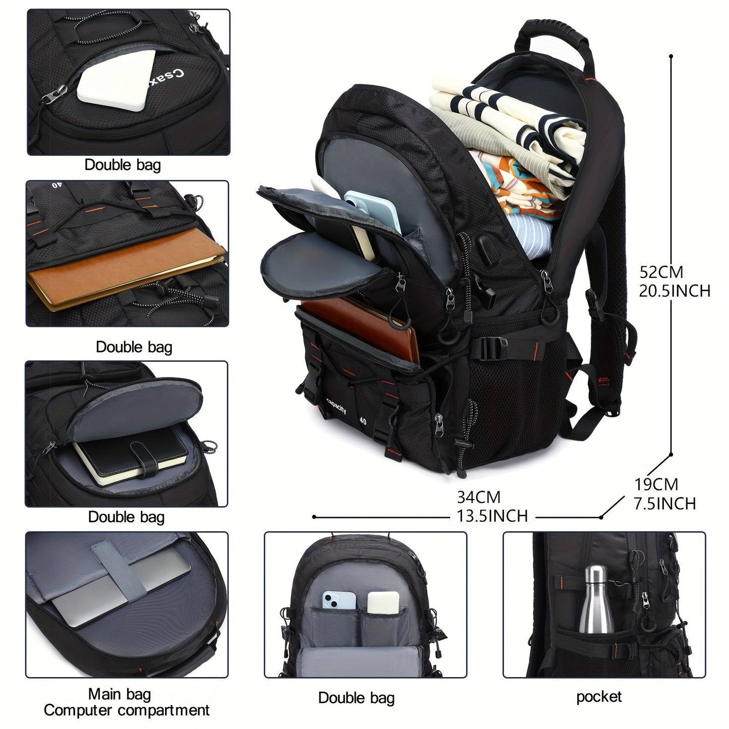 [Men‘S Backpack]Men'S 10.57gal Hiking Backpack, Lightweight Travel Rucksack with USB  No Battery Included ferrersa