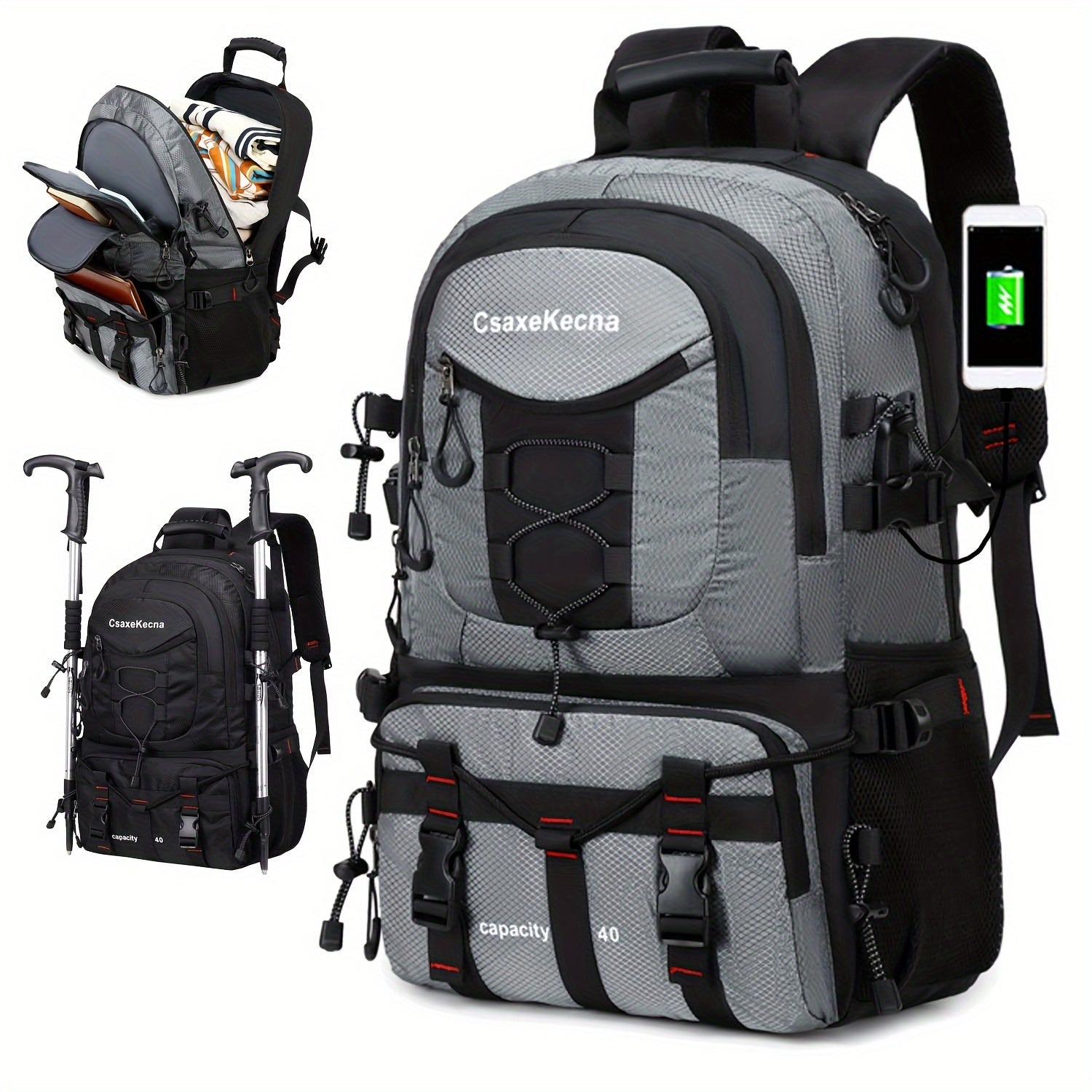 [Men‘S Backpack]Men'S 10.57gal Hiking Backpack, Lightweight Travel Rucksack with USB  No Battery Included ferrersa