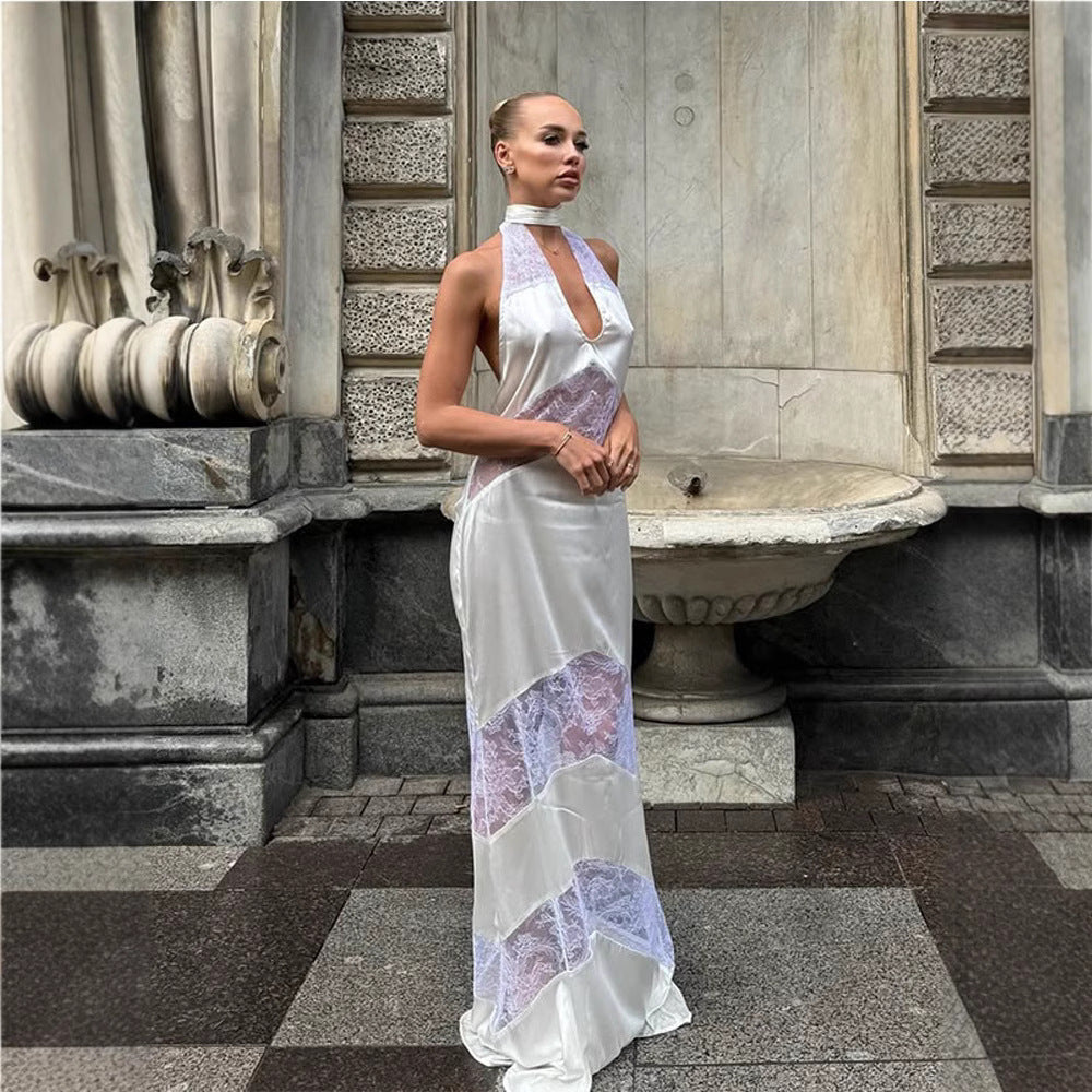 Sexy V-neck Lace Spliced Ribbon Backless Halter Dress ferrersa