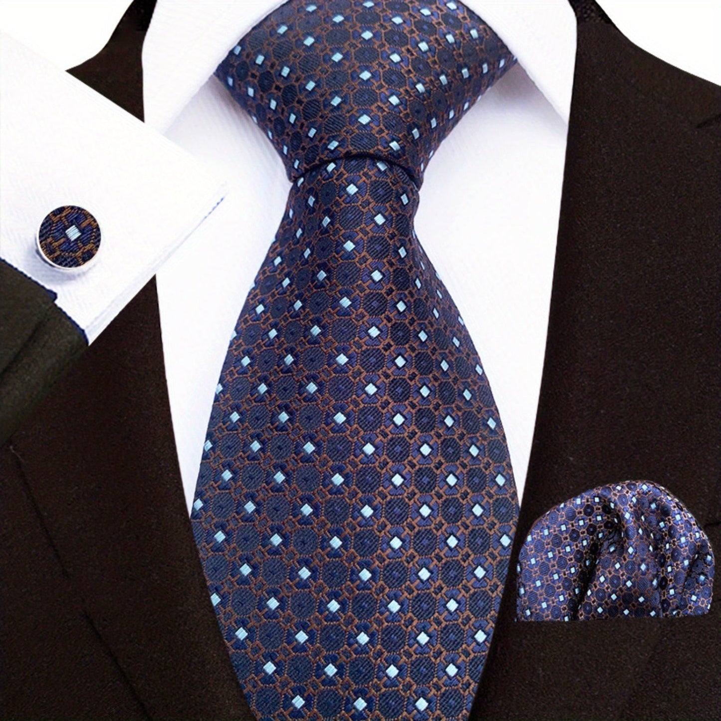 Men's Tie3pcs Business Set: 3.15inch Hand-made Tie for Men, Tie, Cufflinks, Pocket Square. Business Set Suitable for Parties, Dates, Weddings, Suit Accessories, and Gifts. ferrersa